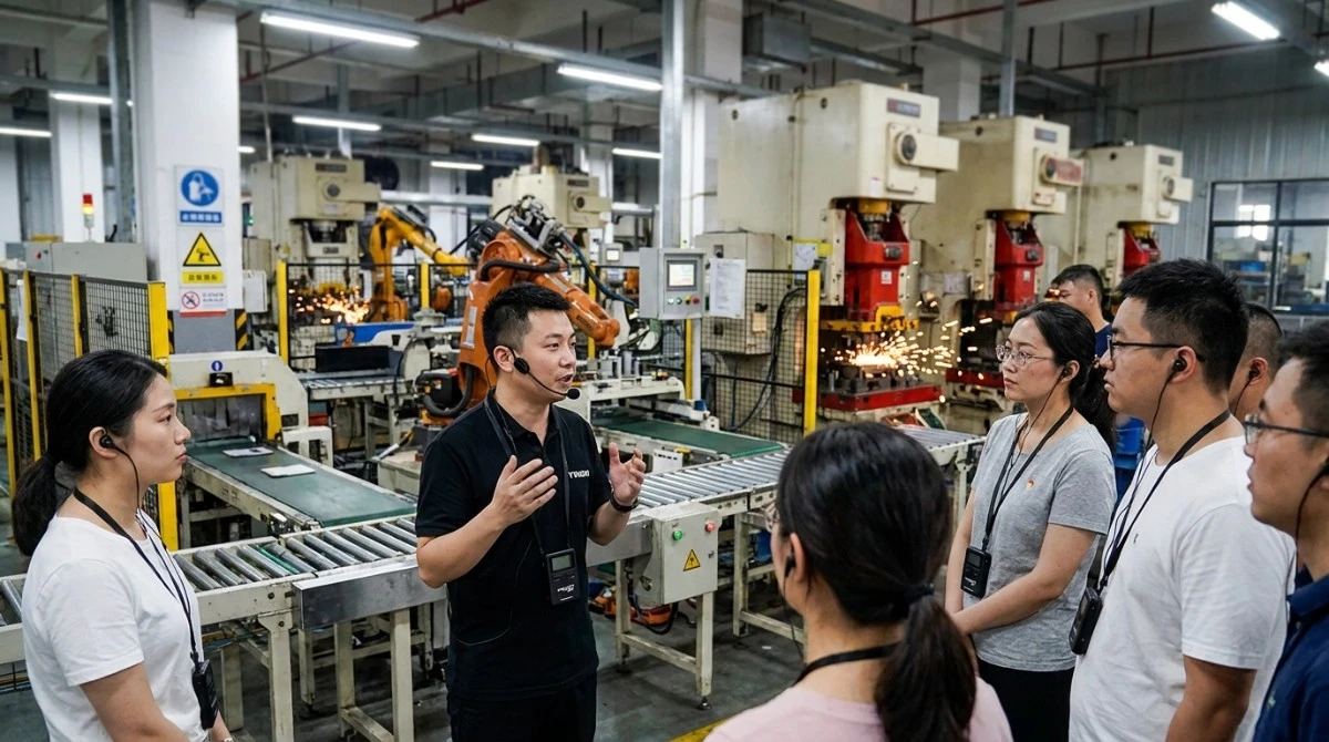 Factory tour guide using a noise-cancelling transmitter near active production line machinery Factory tour guide using a noise-cancelling transmitter near active production line machinery