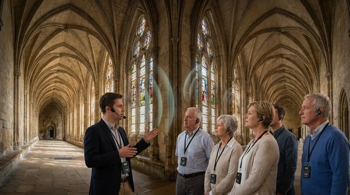 Tour guide leading visitors through a church using a UHF wireless guide system Tour guide leading visitors through a church using a UHF wireless guide system